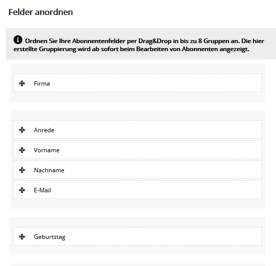 Abonnentenfelder anordnen in pixelconcept-Mailingsystem